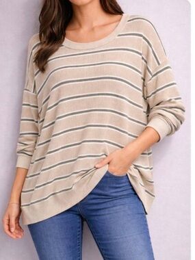 Offline By Aerie Striped Waffle Knit Oversized Beige and Green Striped Top
